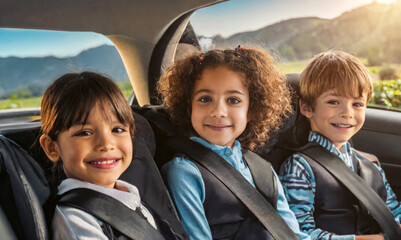 Three cute children sitting in the back of a car