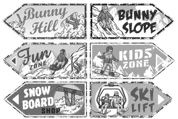 Set of vintage grunge arrow shaped labels with snowboarders, skiers and inscriptions on winter sports theme. Winter poster or sign