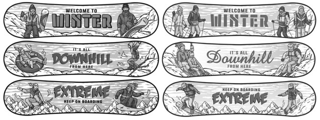 Obraz premium Set of snowboard designs with people practicing winter sports like skiing and snowboarding. Winter poster or sign