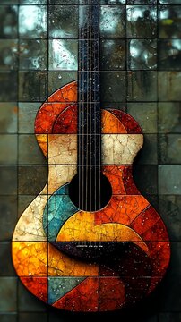 Colorful mosaic guitar art displayed against a textured background.