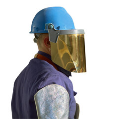 Worker with helmet and protectiv visor, set on PNG background