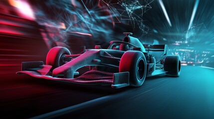 Fototapeta premium Futuristic race car speeding through a neon-lit tunnel, showcasing advanced technology and high-speed performance in dynamic lighting.