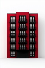 Modern red building with black accents and multiple windows on a white isolated background.