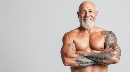 A muscular older man displays confidence with a smile while standing with his arms crossed against a plain white background. Tattoed elderly man posing confidently.