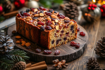 Slice of festive fruitcake topped with dried fruits and nuts, placed on a holiday table, evoking the warmth and tradition of Christmas celebrations