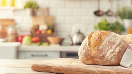A fresh loaf of bread on a wooden cutting board, with a rustic kitchen setting and ingredients softly out of focus in the background