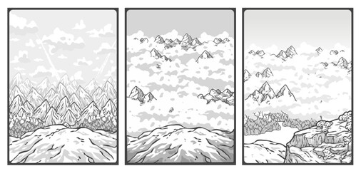Winter poster set or signs. Snow backdrops or winter background collection. A collection of three posters is showing stunning snowy mountain landscapes with clouds and forests