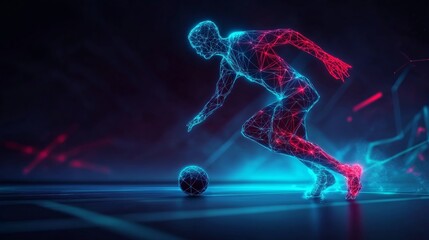 Futuristic digital illustration of a soccer player made of red and blue neon lines, dynamically kicking a ball in motion.