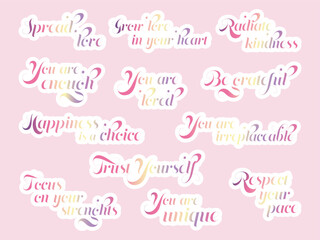 Aesthetic gradient self-love stickers with words of encouragement and validation. Inspiring text stickers for planners, notebooks, bullet journals, or as digital stickers
