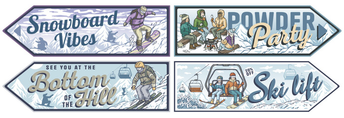 Set of four vintage posters inviting to winter sports activities like snowboarding, skiing or sharing a moment with friends at a mountain top party. Winter poster or sign for winter sport
