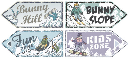 Four vintage monochrome emblems with skiers and snowboarders enjoying winter sports on snowy slopes. Winter poster or sign