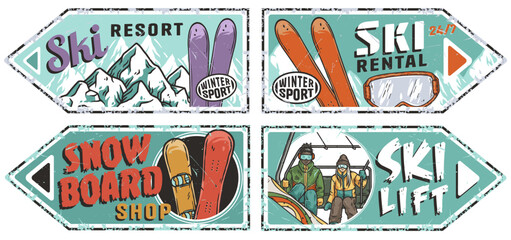 Four vintage style banners promoting winter sports activities such as skiing and snowboarding, including ski rental and snowboard shop. Winter poster or sign