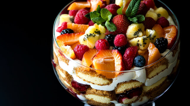 Colorful fruit trifle in a glass bowl.