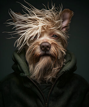 Windgepeitschter Hund-Mensch-Hybrid in Kapuzenpullover &ndash; stilvolles Portr&auml;t