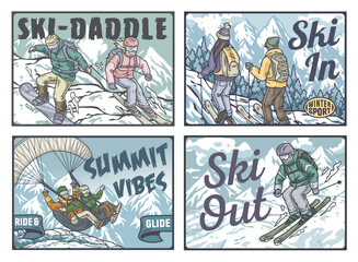 Four colorful illustrations showing people practicing winter sports like skiing and paragliding with snowy mountains in the background. Winter poster or sign for winter sport