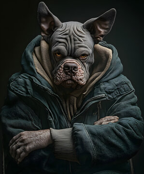 Grimmiger Hund-Mensch-Hybrid in Winterjacke &ndash; ausdrucksstarkes Portr&auml;t