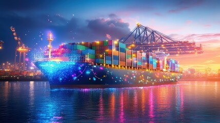 Fototapeta premium Holographic freight schedules, futuristic urban port, vibrant tech colors,