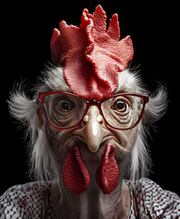urrealistisches Huhn-Porträt: Alte Dame im Hühner-Look mit Brille