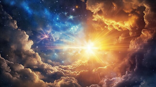 An awe-inspiring explosion of light and clouds in the vast sky, with bright rays piercing through, surrounded by a cosmic backdrop of stars and galaxies. This hyper-realistic and detailed image symbol