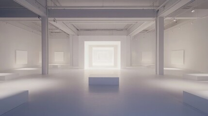 A minimalist art gallery featuring white walls and illuminated pathways.