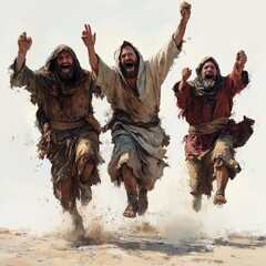 Healed Leper Men Celebrating with Joy, Biblical Scene Illustration Generative AI