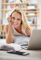 Floor, laptop and portrait of woman with books for remote work, email and social networking. Freelance, business and happy person on computer for internet, research and website for working from home