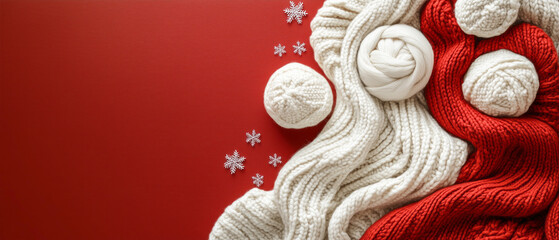 Cozy winter textiles with festive snowflakes on red backdrop