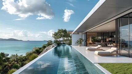A modern infinity pool overlooking the sea, with large windows and flat roof tiles. The light grey limestone floor leads to a grassy lawn, showcasing the contemporary architecture.