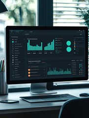 Digital analytics dashboard displaying graphs and data insights in a modern workspace.