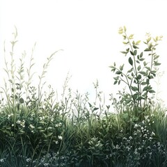 Fototapeta premium Biblical Thicket with Grass and Herbs on White Background - Beautiful Details for Religious or Nature-themed Designs Generative AI