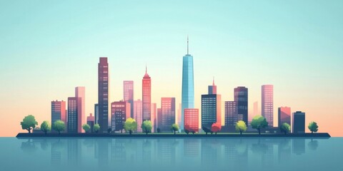 Fototapeta premium Breathtaking City Skyline at Sunset: A Modern Architectural Masterpiece Reflected in Water