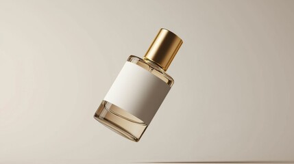 This image showcases a floating perfume bottle with a gold cap, perfect for branding and product displays. The design is clean and minimalistic.