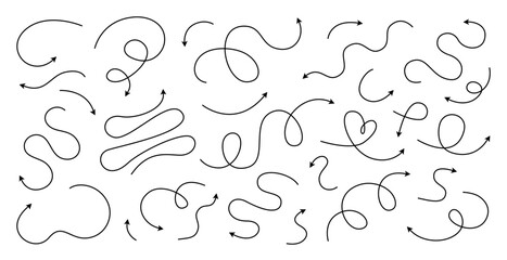 Set of hand drawn thin curved line directional arrows in doodle style. Black curve arrows collection isolated on white background. Vector illustration for infographic, poster, scheme