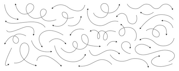 Set of hand drawn curved dotted line thin directional arrows in doodle style. Black dashed arrows collection isolated on white background. Vector illustration for infographic, poster, scheme