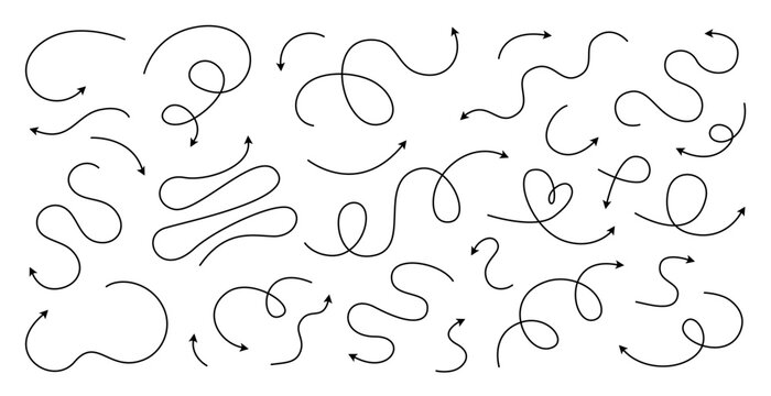 Set of hand drawn thin curved line directional arrows in doodle style. Black curve arrows collection isolated on white background. Vector illustration for infographic, poster, scheme
