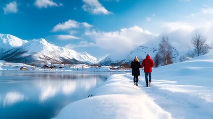 Mesmerizing Northern Lights Illuminating a Snowy Landscape as Travelers Stand in Awe Captivated by the Ethereal Celestial Display in the Stunning Night Sky