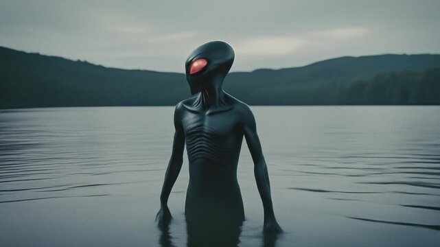 Black scary alien with red glowing eyes emerging from a lake. Alien invasion concept. Sci-fi, horror cinematic video. Spooky creature. Alien encounters, alien invasion concept. Humanoid monster.