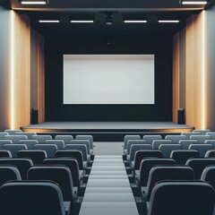 Fototapeta premium A modern auditorium featuring rows of seats facing a blank screen on a stage.