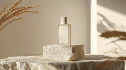 A minimalist perfume bottle sits on a textured stone surface against a soft background. Natural elements create a serene atmosphere.