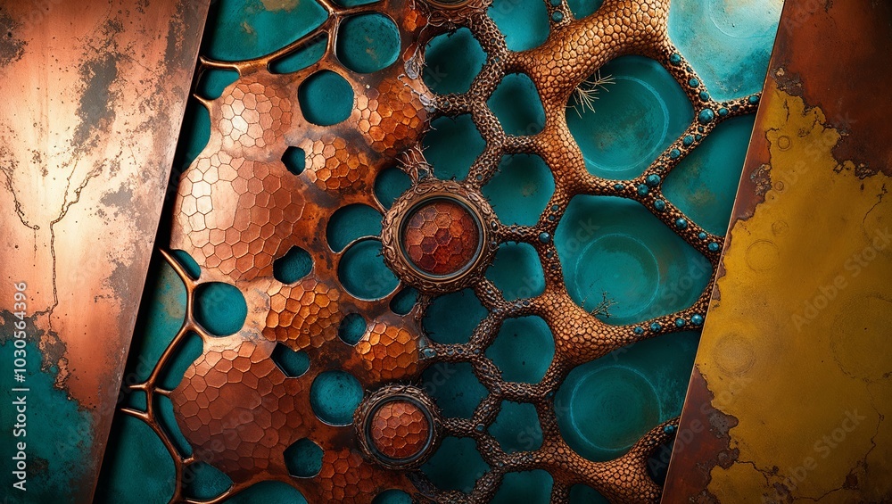 Sticker Close-up of a copper and turquoise metal artwork with intricate patterns.