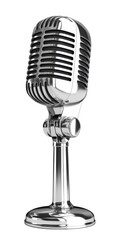 A silver microphone stands on a white background. The microphone is a vintage model and is likely to be used for recording music or other audio. Concept of nostalgia and a connection to the past