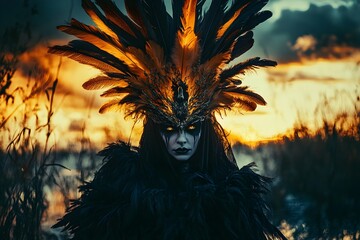 Witch in Dramatic Feathered Headdress Conjuring Arcane Forces in Atmospheric Swamp Landscape