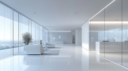 A wide, open white office space