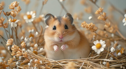 An adorable hamster exploring in the center, surrounded by dried grasses and flowers on top of a bed of hay. The setting is a minimalist room with pastel-colored walls, a calm atmosphere.