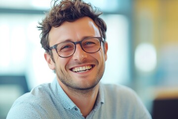 Obraz premium Dynamic Office Environment Featuring a Happy Young Executive