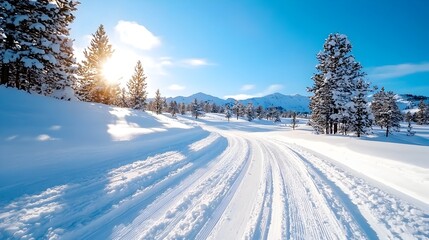 Fototapeta premium Serene Scene of Cross Country Skiing Through Pristine Snowy Forest with Breathtaking Clear Blue Sky in the Background