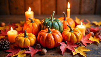 Autumnal Pumpkins with Candles and Fallen Leaves for Halloween or Thanksgiving