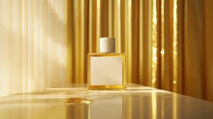 A beautifully designed perfume bottle sitting on a reflective surface with golden curtains in the background, evoking luxury and sophistication.