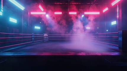 An empty boxing ring under dramatic neon spotlights, with steam rising from the ground, creating a tense and anticipatory