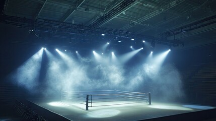 An empty boxing arena, filled with dramatic lighting and mist, ready for a professional sport event, with spotlights highlighting the ring.